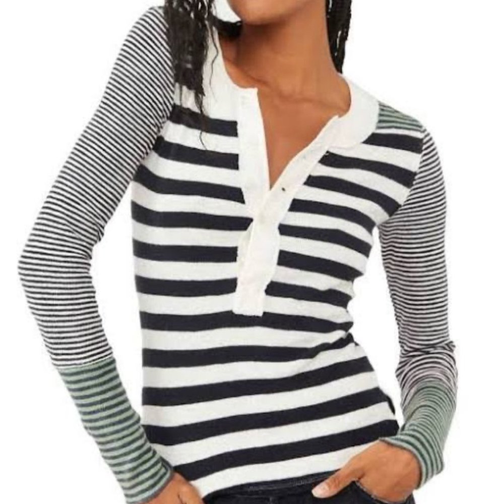 Free People We the Free Give Me Stripes Henley top cream green black large